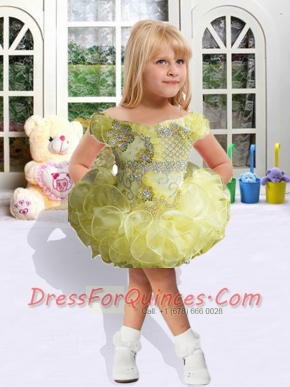 Fashionable Off the Shoulder Short Sleeves Little Girl Dress with Beading and Ruffles