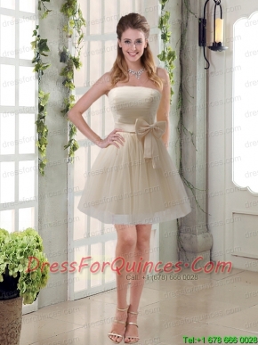Simple Ruching Strapless Princess  Junior Dress with Bowknot