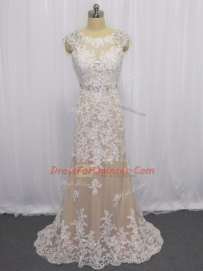 Cap Sleeves Brush Train Backless Beading and Appliques