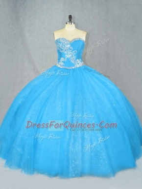 Best Selling Floor Length Blue Vestidos de Quinceanera Tulle Sleeveless Beading
