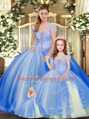Blue Ball Gown Prom Dress Military Ball and Sweet 16 and Quinceanera with Beading and Ruffles Strapless Sleeveless Lace Up