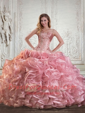 Beading and Ruffles Strapless Baby Pink Dress For Quince