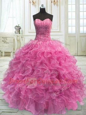 Floor Length Rose Pink Quinceanera Dress Organza Sleeveless Beading and Ruffles