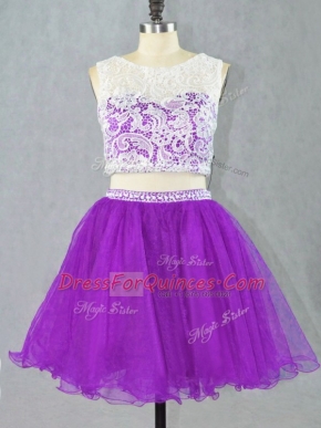 Eggplant Purple Two Pieces Organza Scoop Sleeveless Appliques Zipper Party Dresses