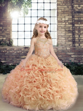 High End Peach Little Girls Pageant Dress Party and Wedding Party with Beading Scoop Sleeveless Lace Up