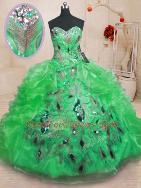 Green Zipper Sweetheart Beading and Appliques and Ruffles Sweet 16 Dresses Organza Sleeveless