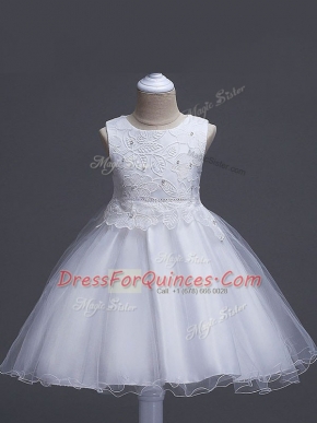 White Flower Girl Dress Wedding Party with Lace Scoop Sleeveless Zipper