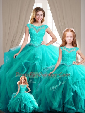 Aqua Blue Lace Up 15 Quinceanera Dress Beading Cap Sleeves