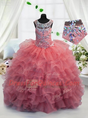 Scoop Coral Red Ball Gowns Beading and Ruffled Layers Flower Girl Dress Lace Up Organza Sleeveless Floor Length