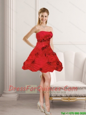 2015 Cheap Red Strapless Dama Dresses with Beading and Hand Made Flower