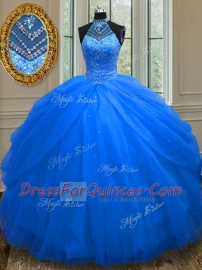 Perfect Royal Blue 15 Quinceanera Dress Military Ball and Sweet 16 and Quinceanera and For with Beading Halter Top Sleeveless Lace Up
