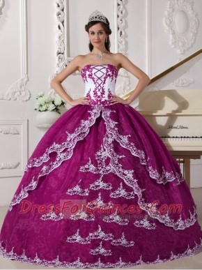 Ball Gown Fuchsia and White Organza Organza Appliques Strapless Lace-up Best Quinceanera Dress