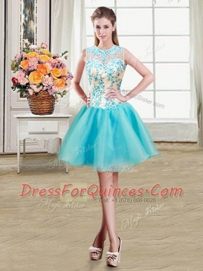 See Through Organza Scoop Sleeveless Zipper Beading Prom Gown in Aqua Blue