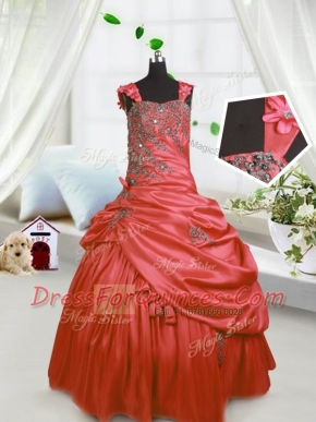 Custom Made Satin Straps Sleeveless Lace Up Beading and Pick Ups Little Girls Pageant Dress Wholesale in Watermelon Red