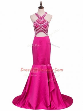 Dramatic Hot Pink Sleeveless Beading Backless Prom Party Dress