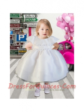 2014 White Ball Gown Scoop Tea-length Flower Girl Dresses with Appliques