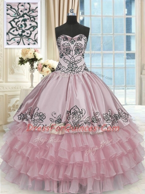 Pink Sleeveless Floor Length Beading and Embroidery and Ruffled Layers Lace Up Quinceanera Dress