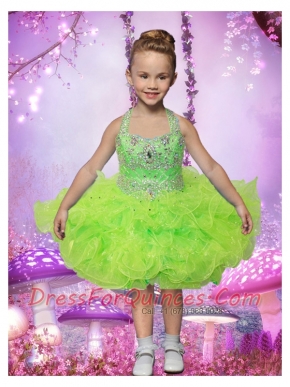 2014 Ball Gown Beading and Ruffles Halter Little Girl Dress in Spring Green