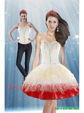 Detachable 2015 White and Red Prom Dress with Beading and Ruffled Layers