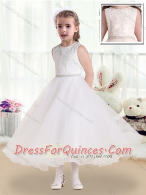 Fashionable Scoop Tea Length Flower Girl Dresses with Lace