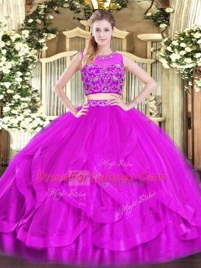 Best Purple Tulle Zipper Scoop Sleeveless Floor Length Quinceanera Gown Beading and Ruffles