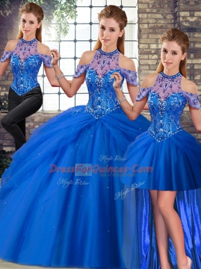 Blue Halter Top Lace Up Beading and Pick Ups 15 Quinceanera Dress Brush Train Sleeveless