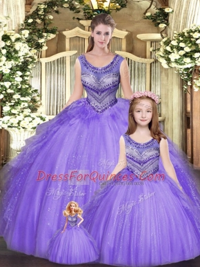 Dazzling Ball Gowns 15 Quinceanera Dress Eggplant Purple Scoop Tulle Sleeveless Floor Length Lace Up