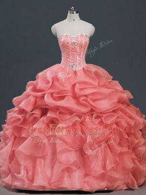 Deluxe Watermelon Red Ball Gowns Sweetheart Sleeveless Organza Floor Length Lace Up Beading and Ruffles and Pick Ups 15 Quinceanera Dress