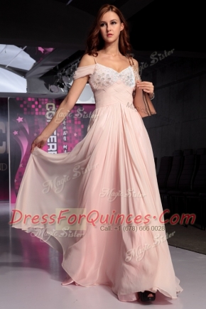 Pink Spaghetti Straps Backless Beading and Ruching Prom Dress Short Sleeves
