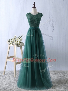 Dark Green Zipper Scoop Lace Prom Party Dress Tulle Short Sleeves