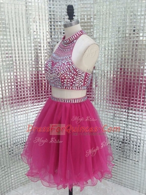 Sleeveless Mini Length Beading Backless Homecoming Dress with Fuchsia