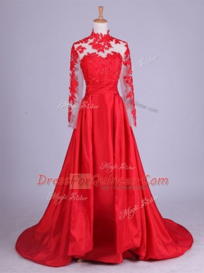 Captivating Brush Train A-line Prom Evening Gown Red Halter Top Taffeta Long Sleeves Zipper