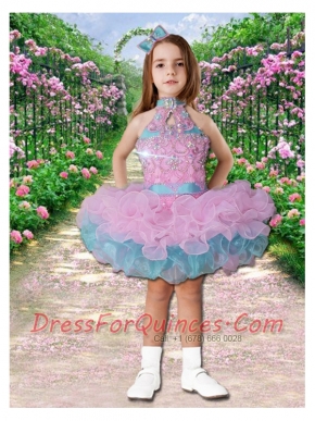 Luxurious Ball Gown High Neck Mini-length Beading Pink and Blue Little Girl Dress