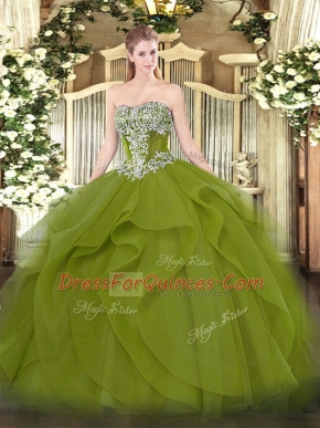 Romantic Strapless Sleeveless Lace Up Quinceanera Gowns Olive Green Tulle