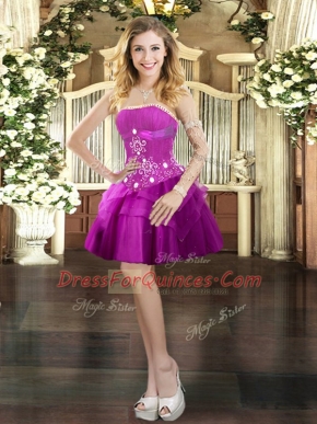 Fuchsia Ball Gowns Tulle Strapless Sleeveless Beading and Ruffled Layers Mini Length Lace Up Prom Dress