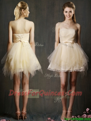 Lovely Sweetheart Short Champagne Prom Dresses with Belt and Ruffles