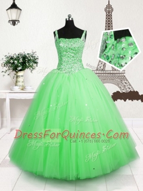 Apple Green Ball Gowns Tulle Straps Sleeveless Beading and Sequins Floor Length Lace Up Little Girl Pageant Dress