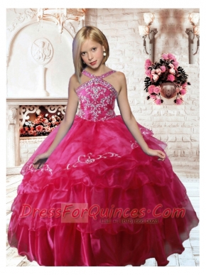 2014 Pretty Halter Hot Pink Little Girl Pageant Dresses with Beading