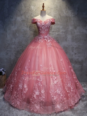 Watermelon Red Ball Gowns Tulle Off The Shoulder Sleeveless Appliques Floor Length Lace Up Quinceanera Gowns