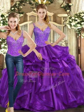 Purple Sleeveless Organza Lace Up 15th Birthday Dress for Military Ball and Sweet 16 and Quinceanera