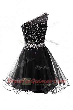 One Shoulder Black Sleeveless Organza Side Zipper Prom Party Dress for Prom and Party