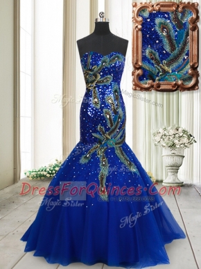 Fantastic Sequins Mermaid Sleeveless Blue Prom Dress Brush Train Lace Up