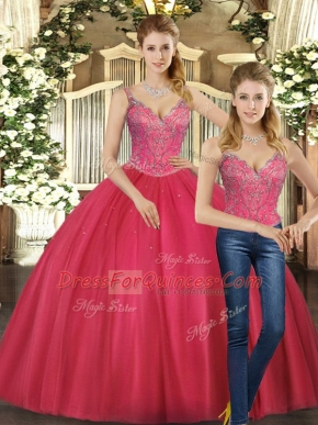 Classical Hot Pink Lace Up Straps Beading Vestidos de Quinceanera Tulle Sleeveless