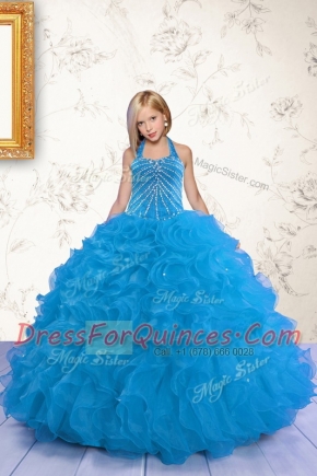 Mermaid Aqua Blue Halter Top Lace Up Beading and Ruffles Toddler Flower Girl Dress Sleeveless