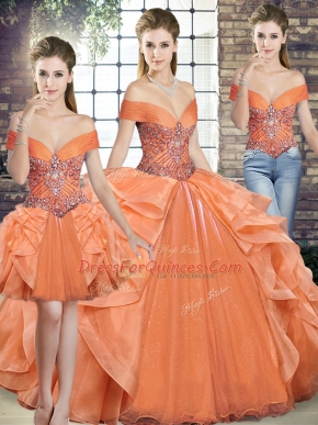 Orange Three Pieces Beading and Ruffles Quinceanera Dress Lace Up Organza Sleeveless Floor Length