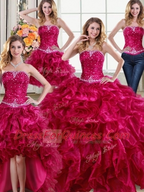 Four Piece Fuchsia Lace Up 15th Birthday Dress Beading and Ruffles Sleeveless Floor Length