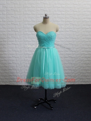 Tulle Sleeveless Knee Length Dress for Prom and Beading and Sashes ribbons
