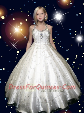 2014 Elegant White Halter Beading Little Gril Pageant Dress