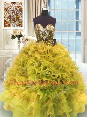 Gold Sweetheart Lace Up Beading and Ruffles 15 Quinceanera Dress Sleeveless