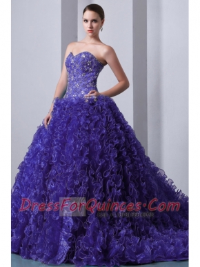 Purple A-Line / Princess Sweetheart Brush Train  Organza Quinceanea Dress with Beading and Ruffles